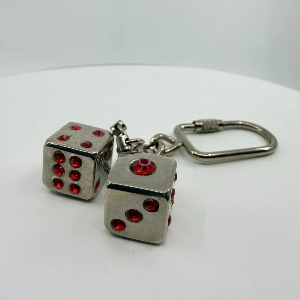 Las Vegas Red Rhinestone Dice Keychain Silver Tone Casino Gambling Souvenir